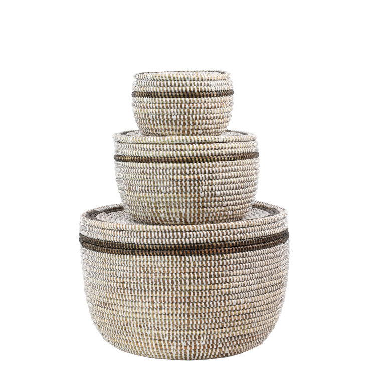 Set van 3 opbergmanden (wit met platte deksel en bruine rand)