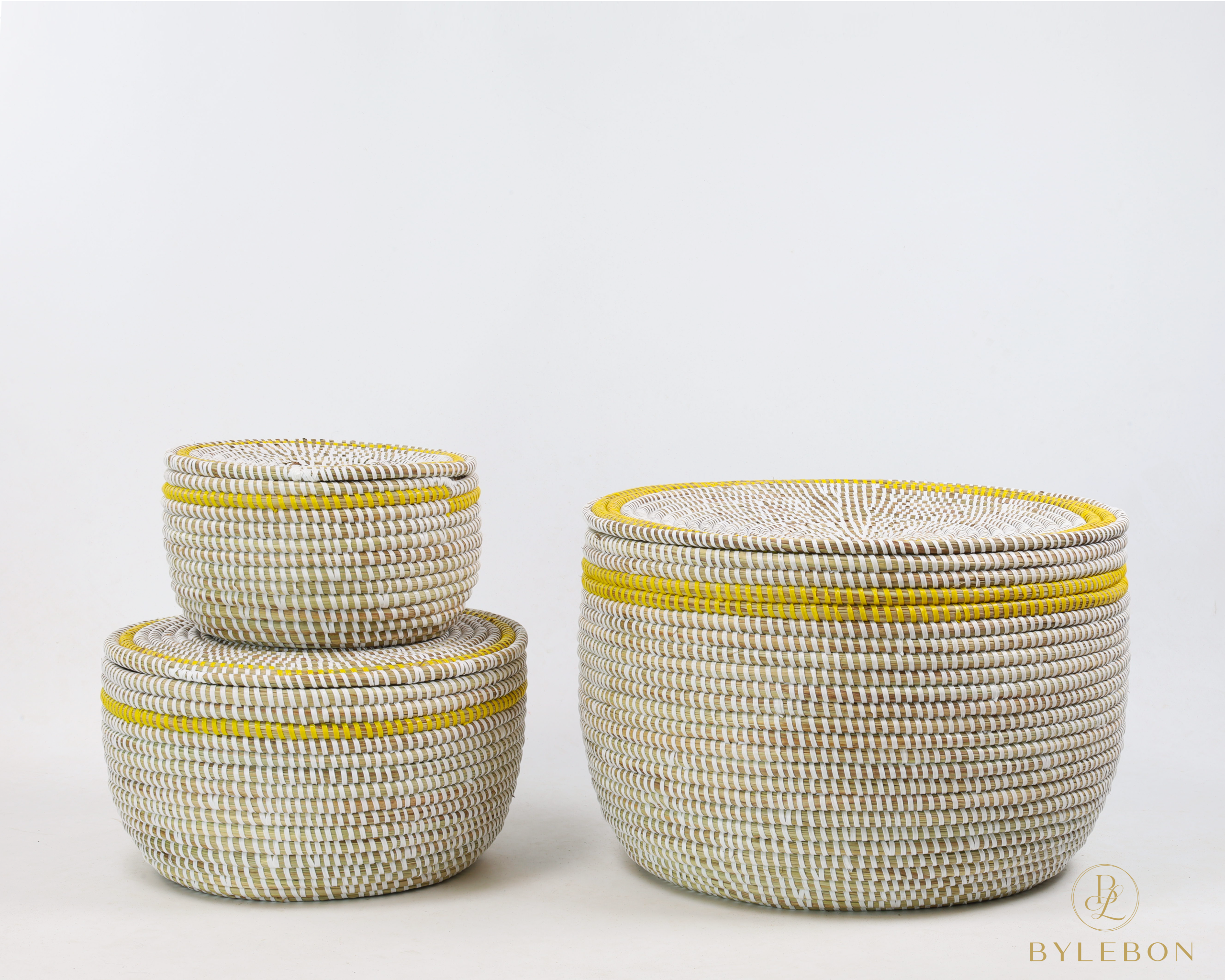 Set van 3 opbergmanden (wit met platte deksel en gele rand) - Afbeelding 6