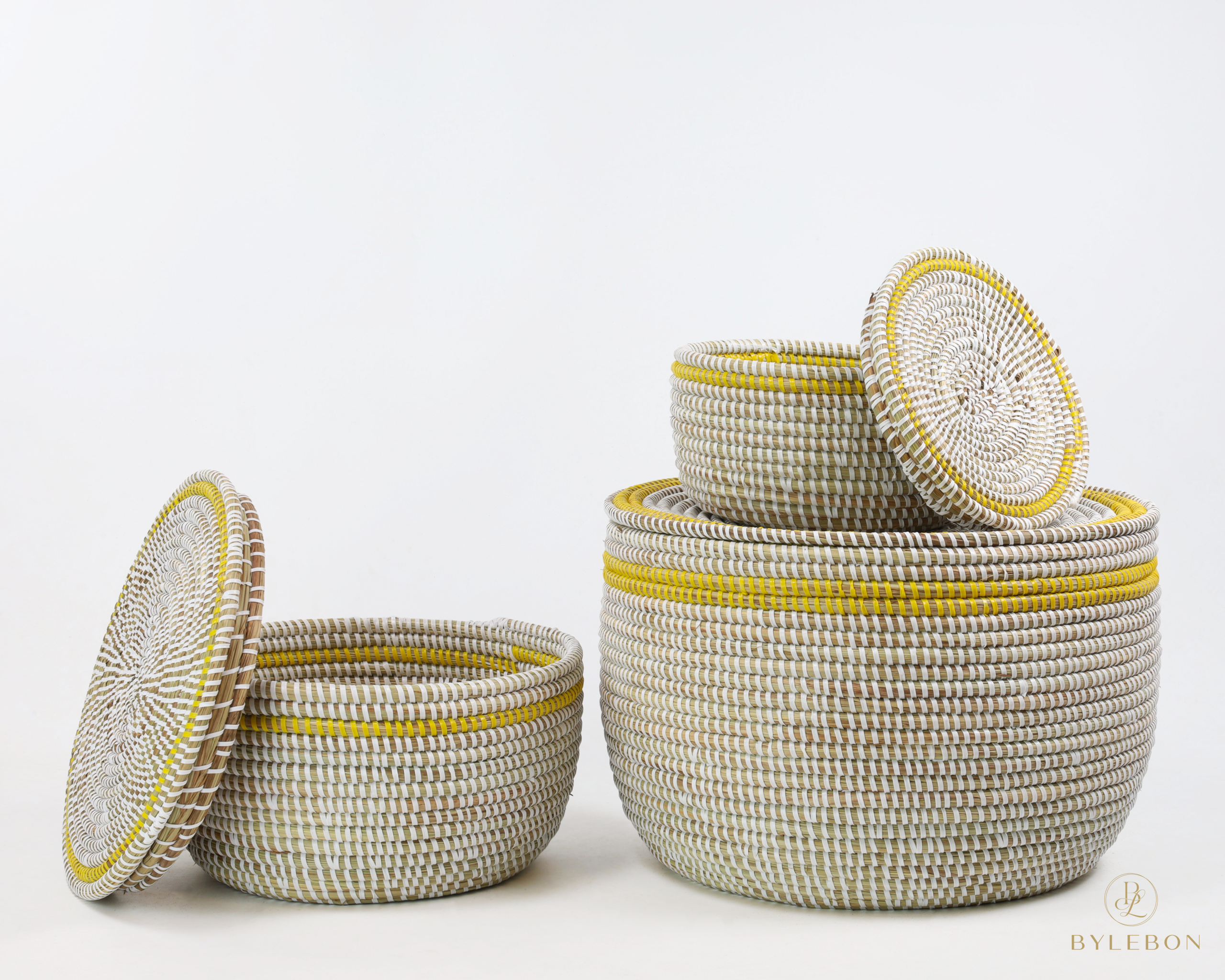 Set van 3 opbergmanden (wit met platte deksel en gele rand) - Afbeelding 5