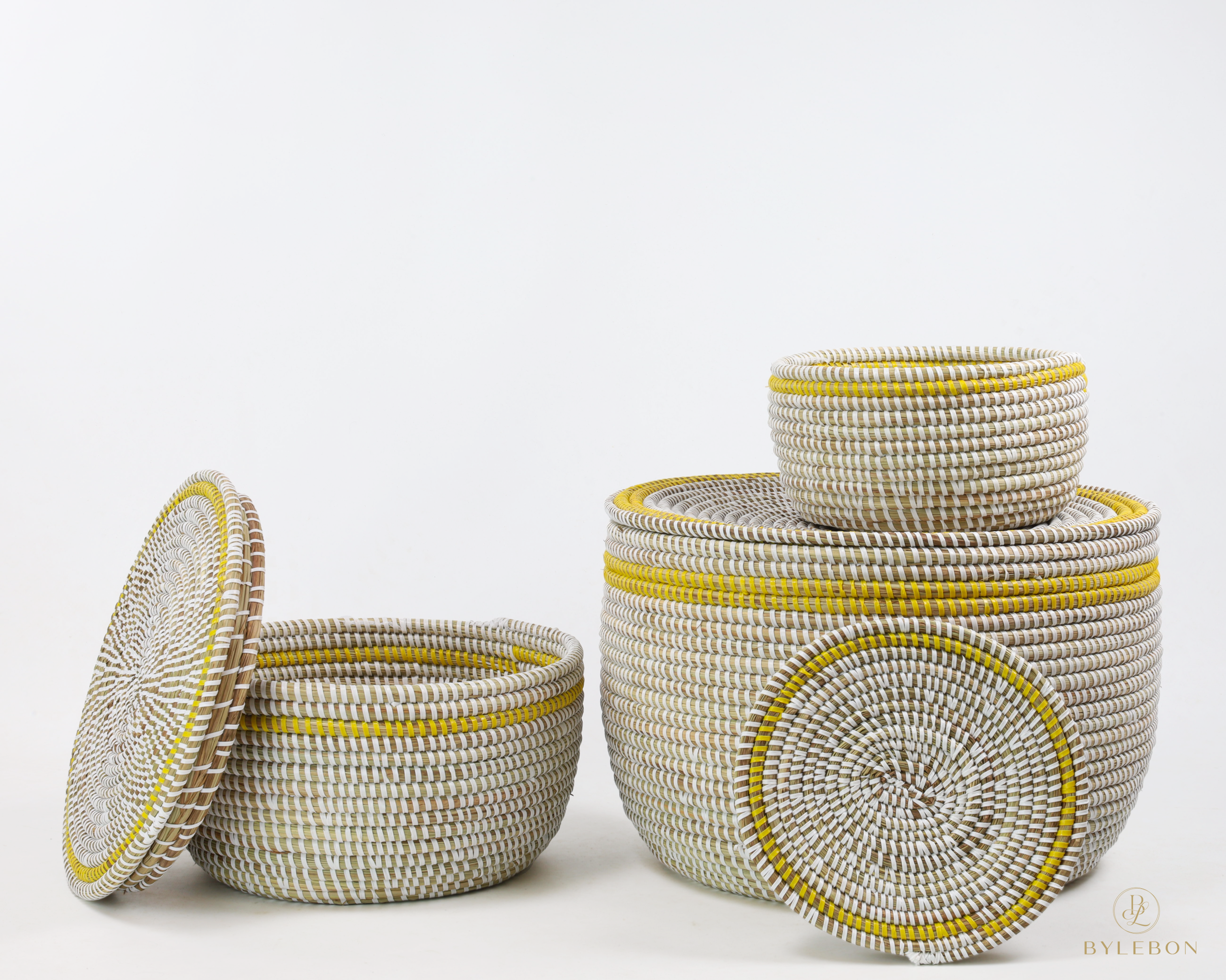 Set van 3 opbergmanden (wit met platte deksel en gele rand) - Afbeelding 4