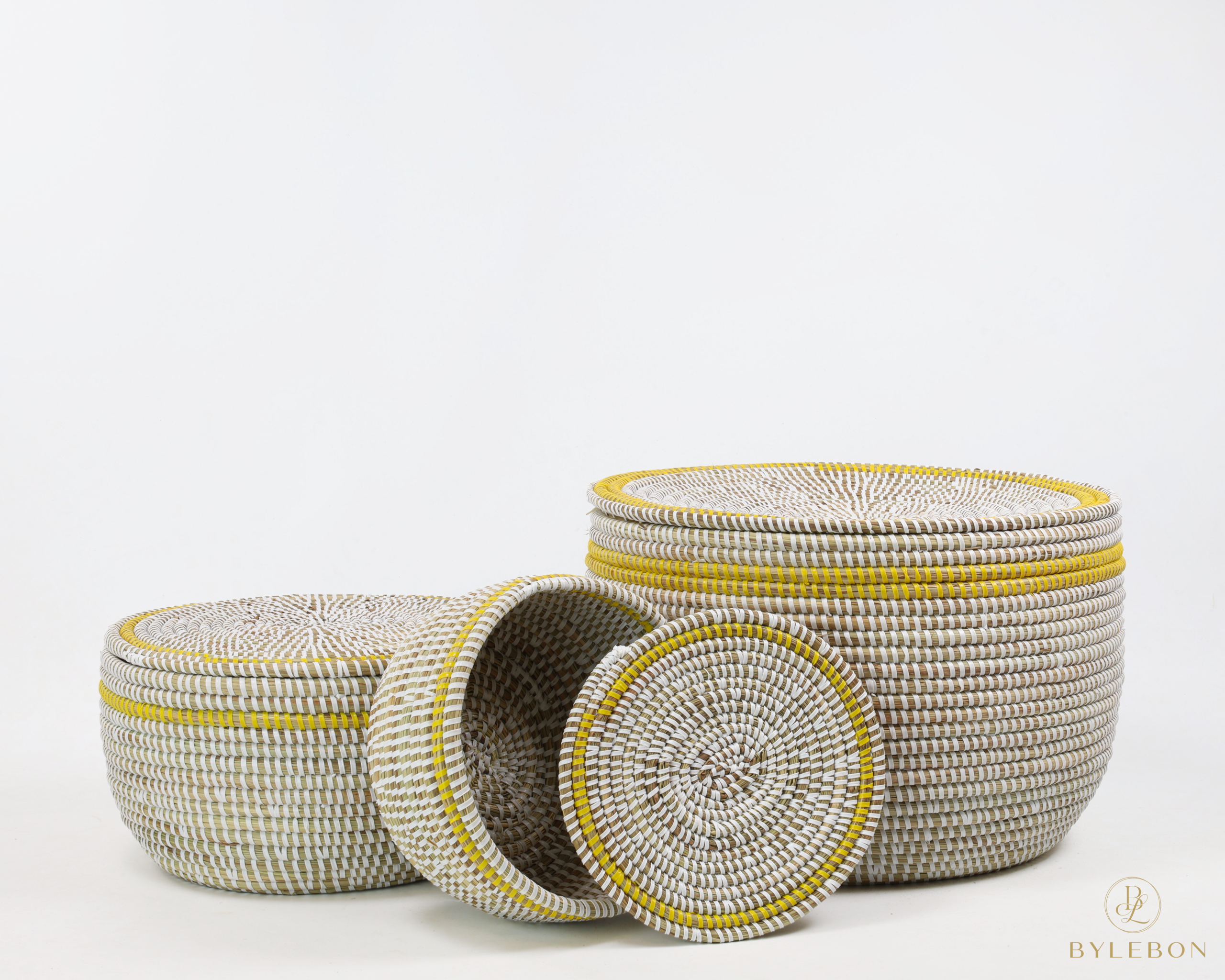 Set van 3 opbergmanden (wit met platte deksel en gele rand) - Afbeelding 3