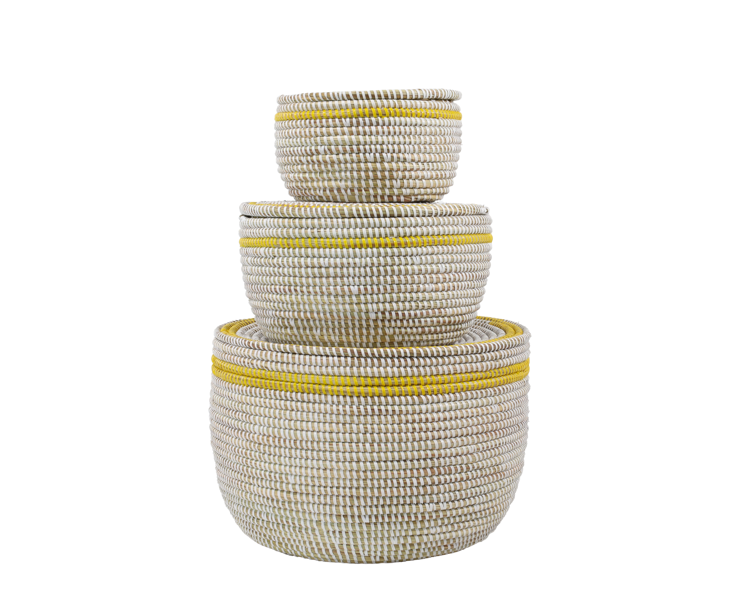 Set van 3 opbergmanden (wit met platte deksel en gele rand)