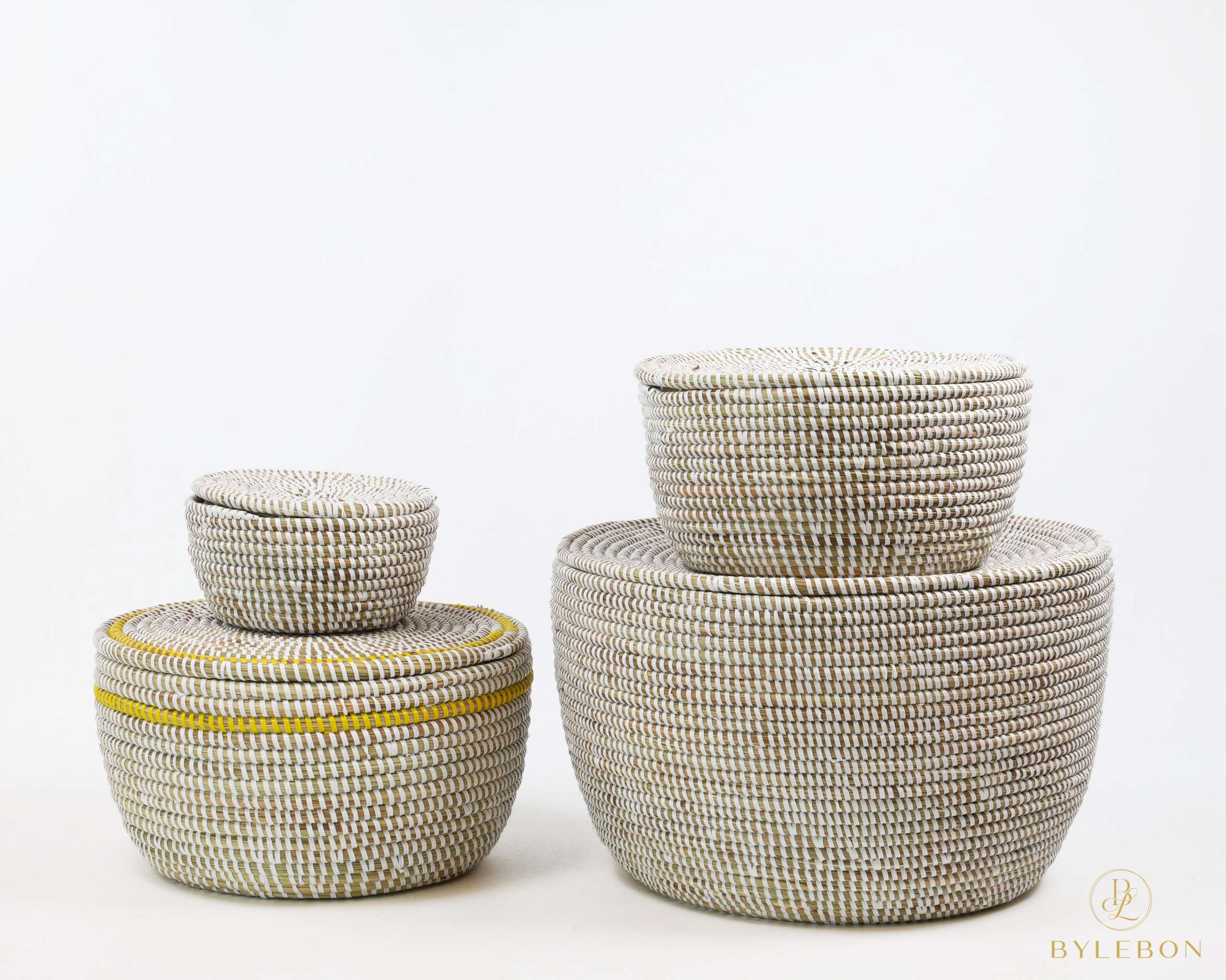 Set van 3 opbergmanden (wit met platte deksel en gele rand) - Afbeelding 2