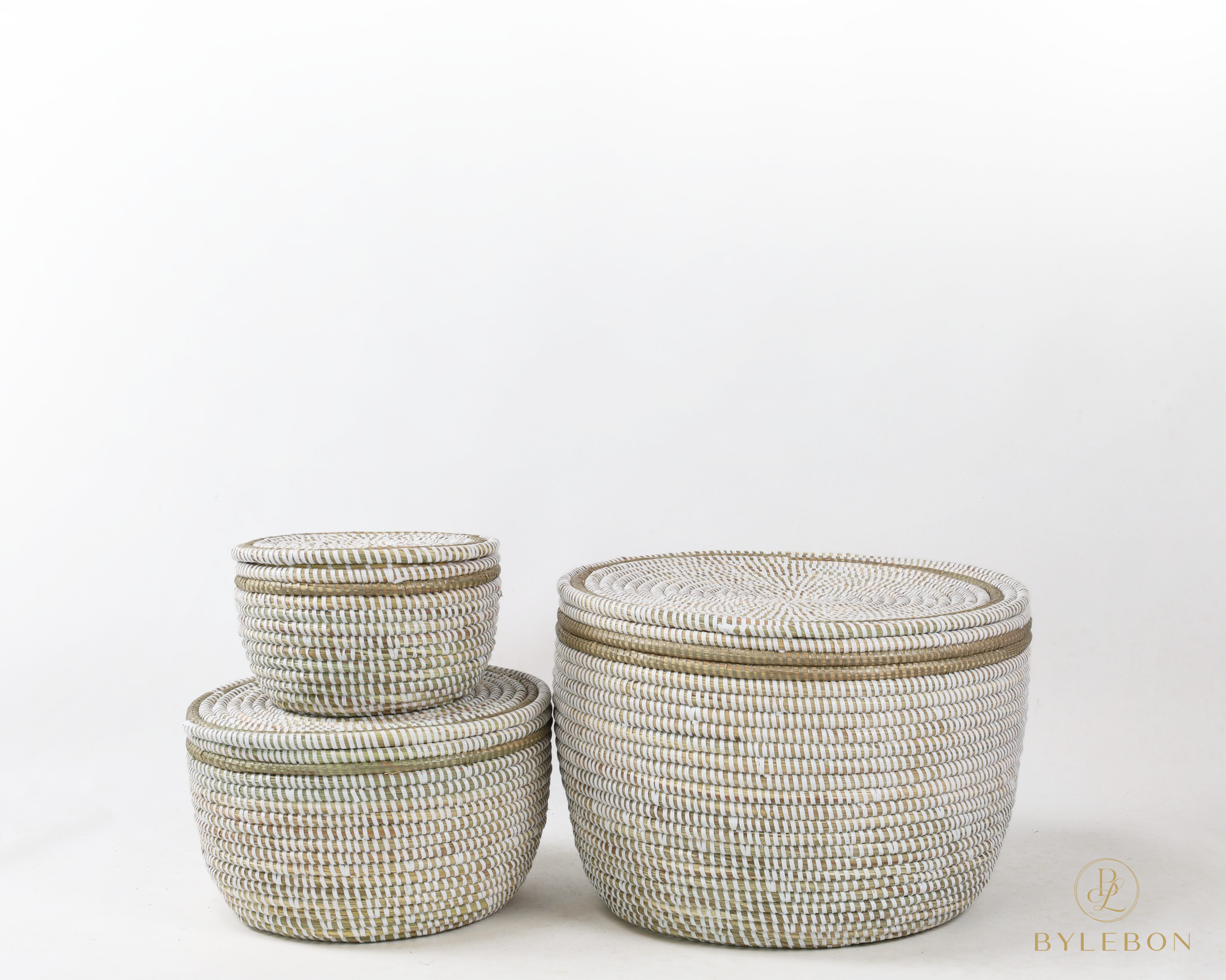 Set van 3 opbergmanden (wit met platte deksel en champagne rand) - Afbeelding 4