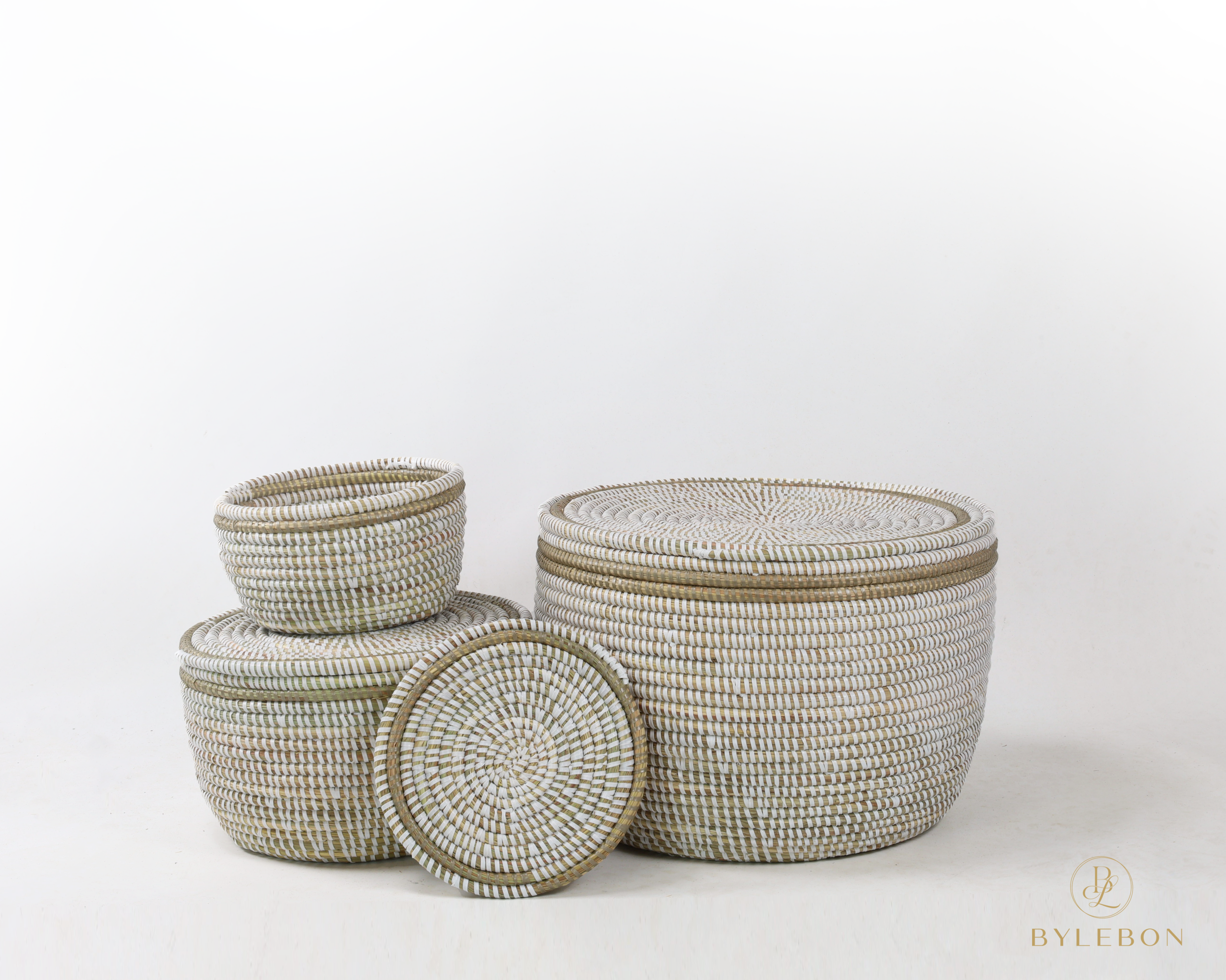 Set van 3 opbergmanden (wit met platte deksel en champagne rand) - Afbeelding 3