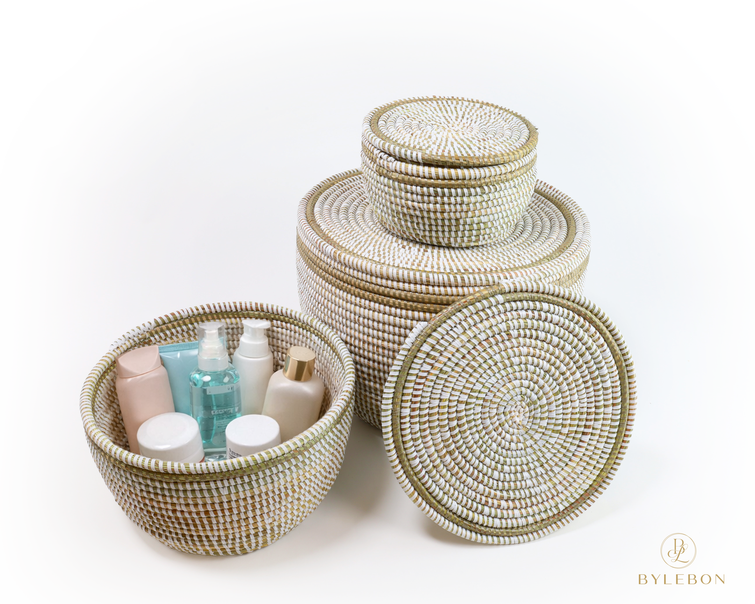 Set van 3 opbergmanden (wit met platte deksel en champagne rand) - Afbeelding 2