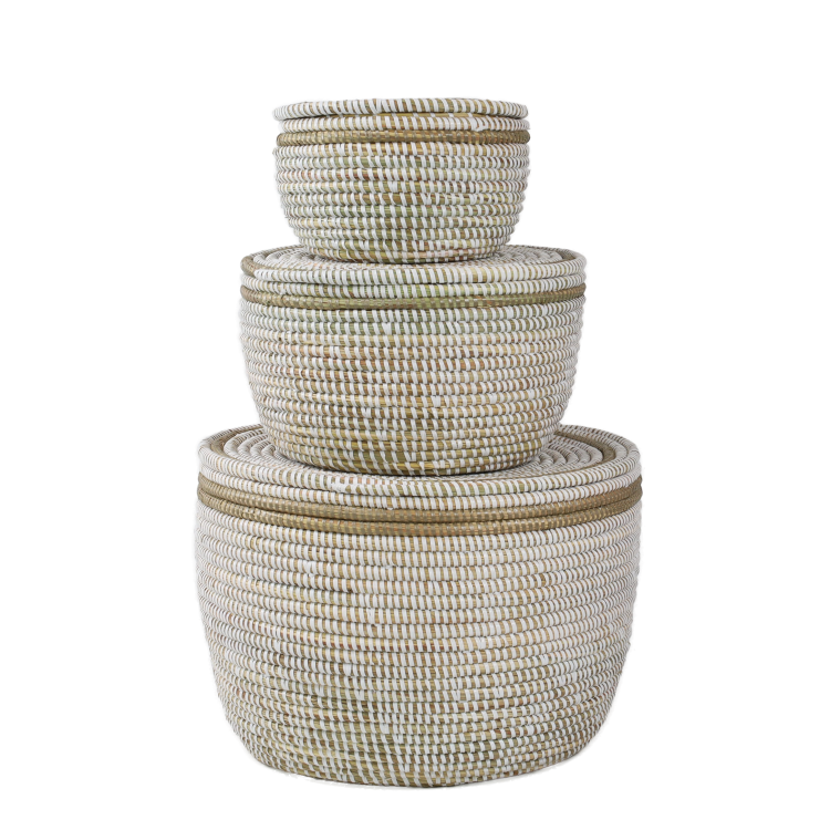 Set van 3 opbergmanden (wit met platte deksel en champagne rand)