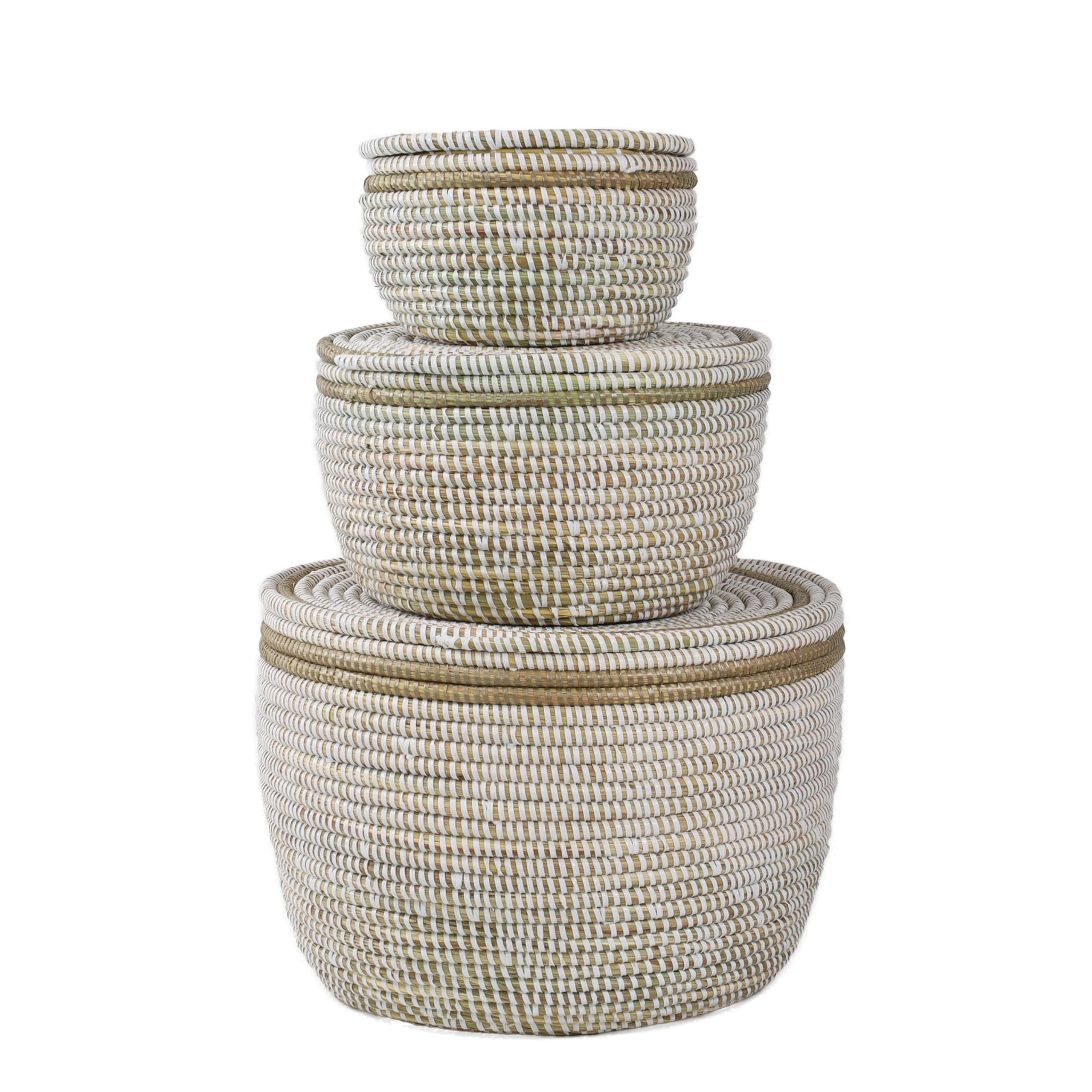 Set van 3 opbergmanden (wit met platte deksel en champagne rand)