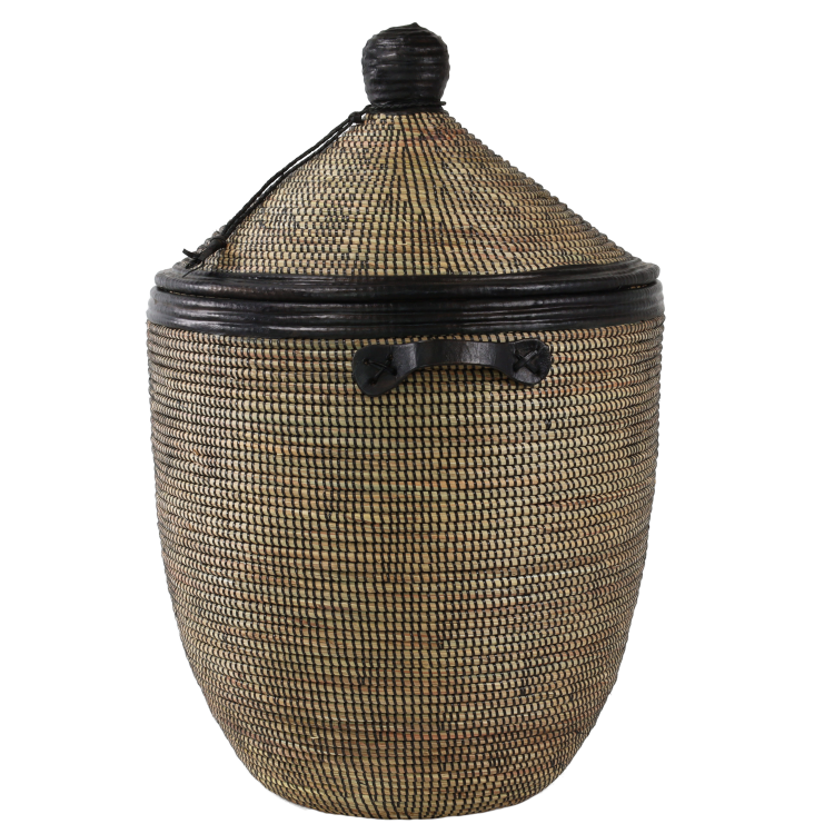 Grote Rieten Mand - Zwart lederen details