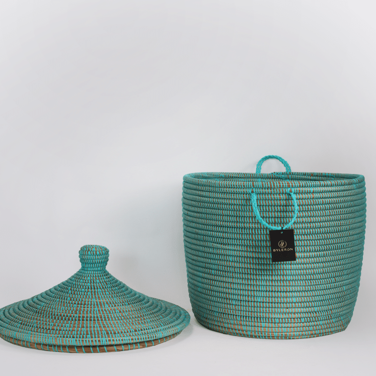 Opbergmand turquoise met deksel handgemaakt in Senegal