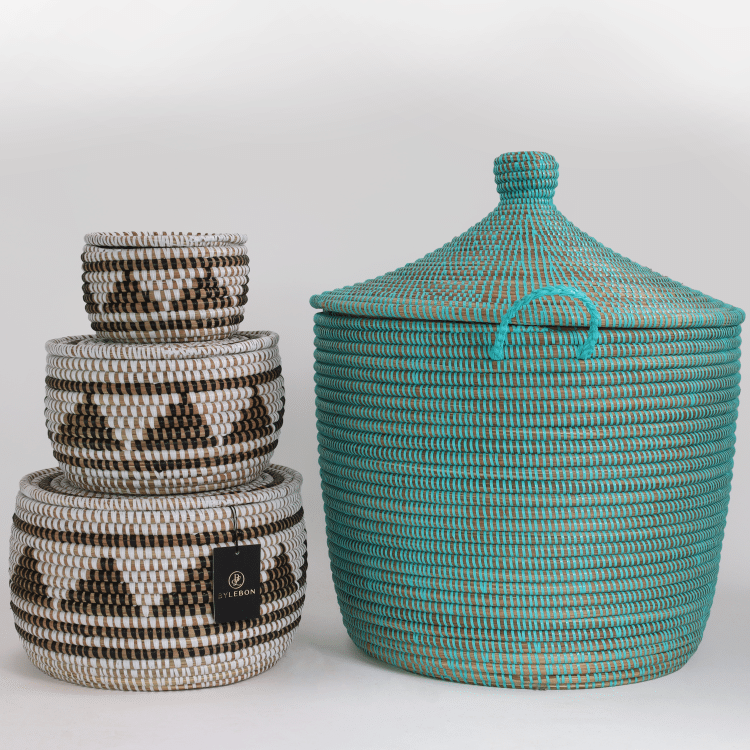 Opbergmand Tajine turquoise met deksel handgemaakt in Senegal