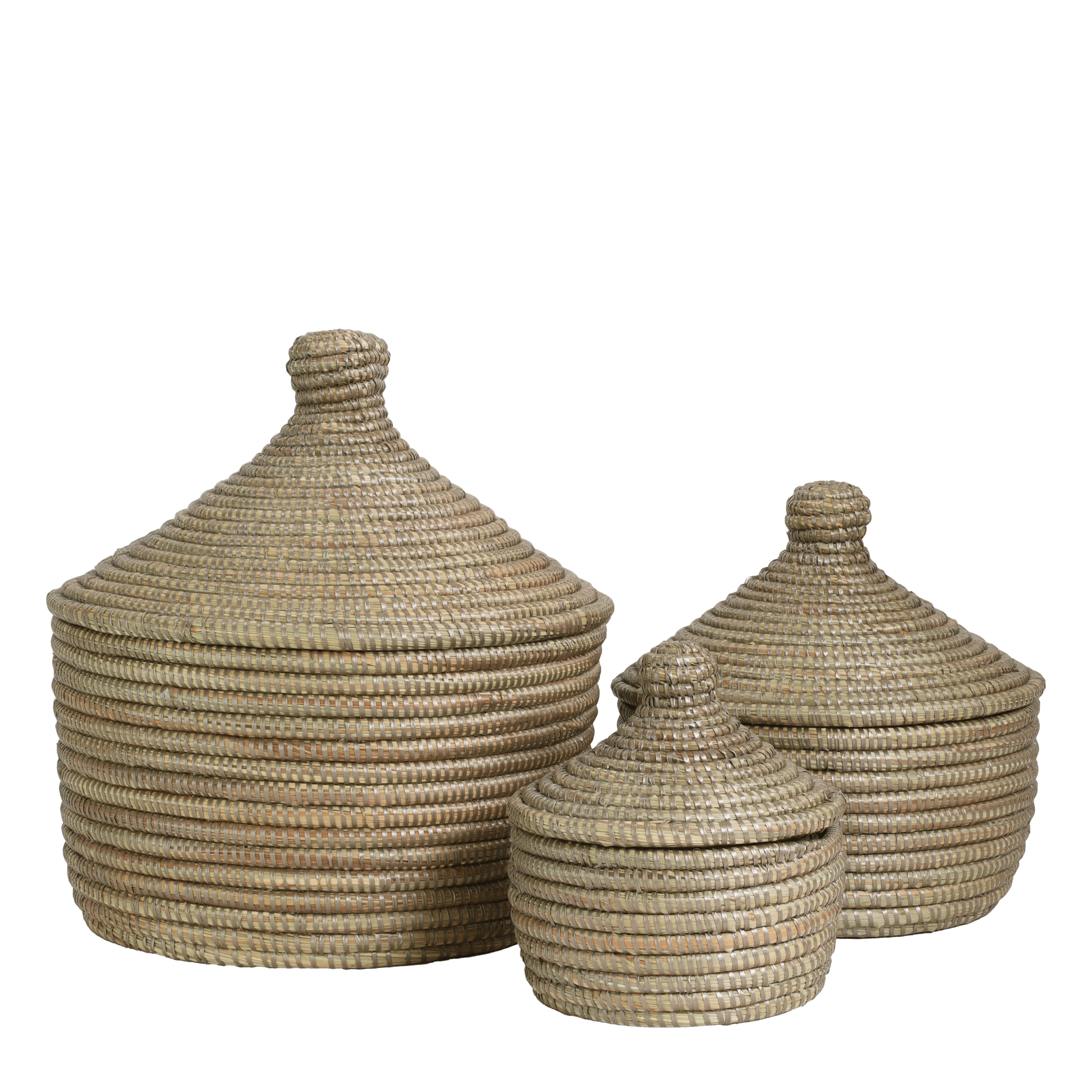 Set van 3 Tajine mandjes in champagnekleur, handgevlochten met puntdeksels in drie verschillende formaten.